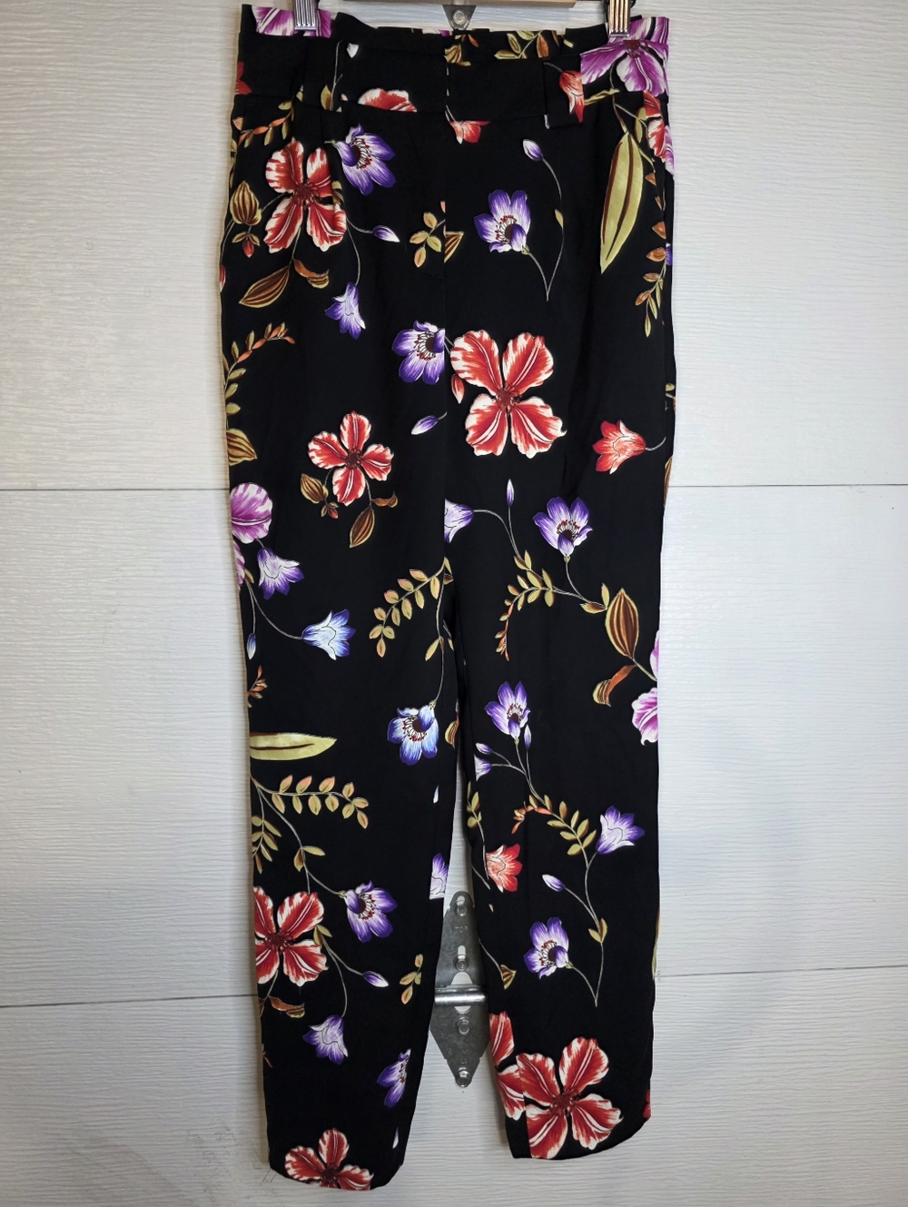 Express Black Floral Pants with Red & Purple Blooms